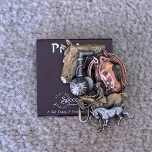 Horse Themed Brooch with Copper and Silver Tones